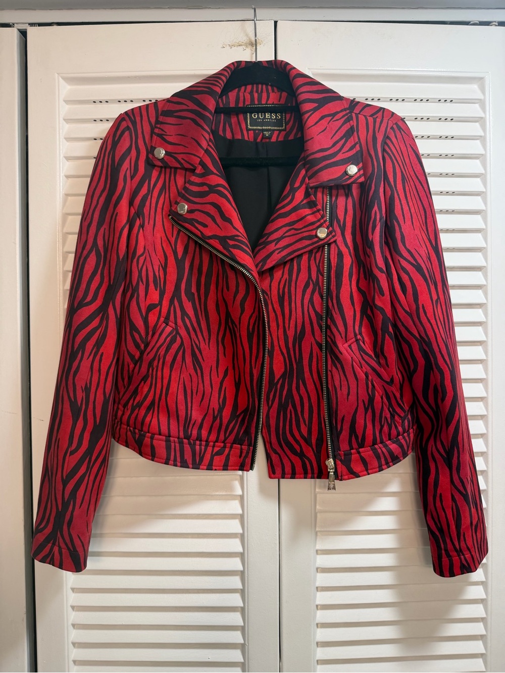GUESS Red and Black Rayanna Faux Suede Zebra-Print Moto Jacket Brand New